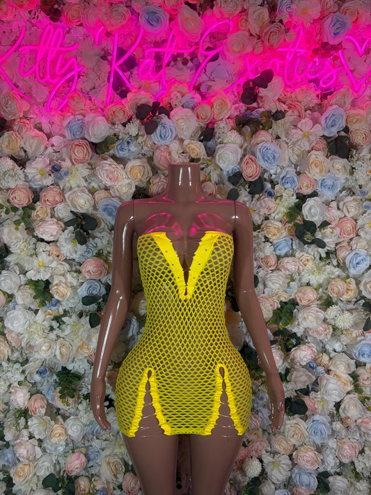 Yellow Fishnet Bodysuit: Rave Outfit, Exotic Dancewear