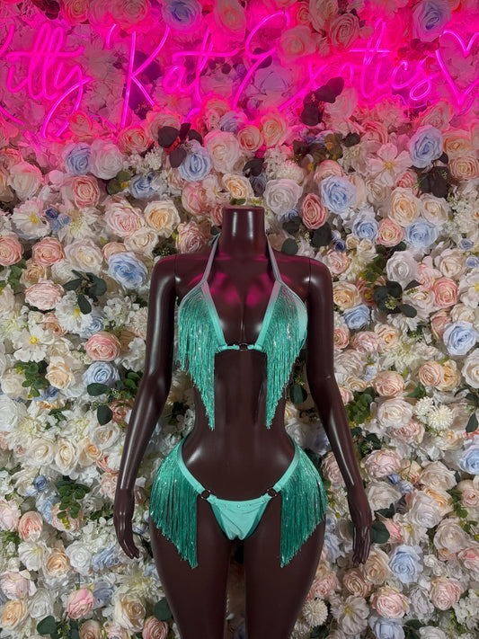 Rave Outfit Two Piece Turquoise Fringe Dancewear Ravewear Exoticwear