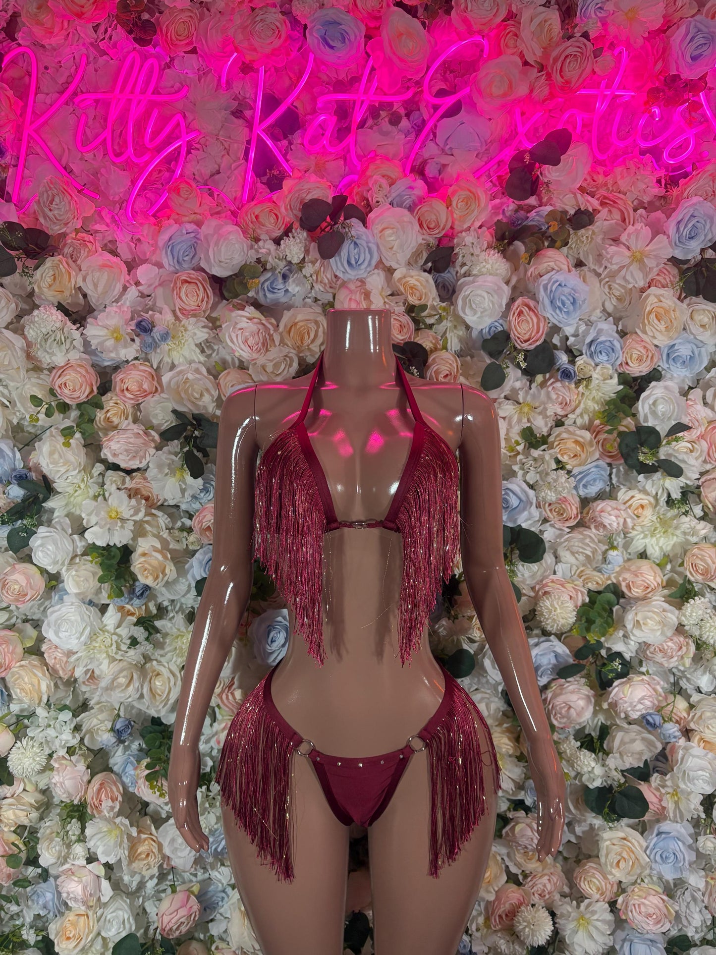 Festival Clothing Two Piece Burgundy  Fringe Dancewear Ravewear Exoticwear