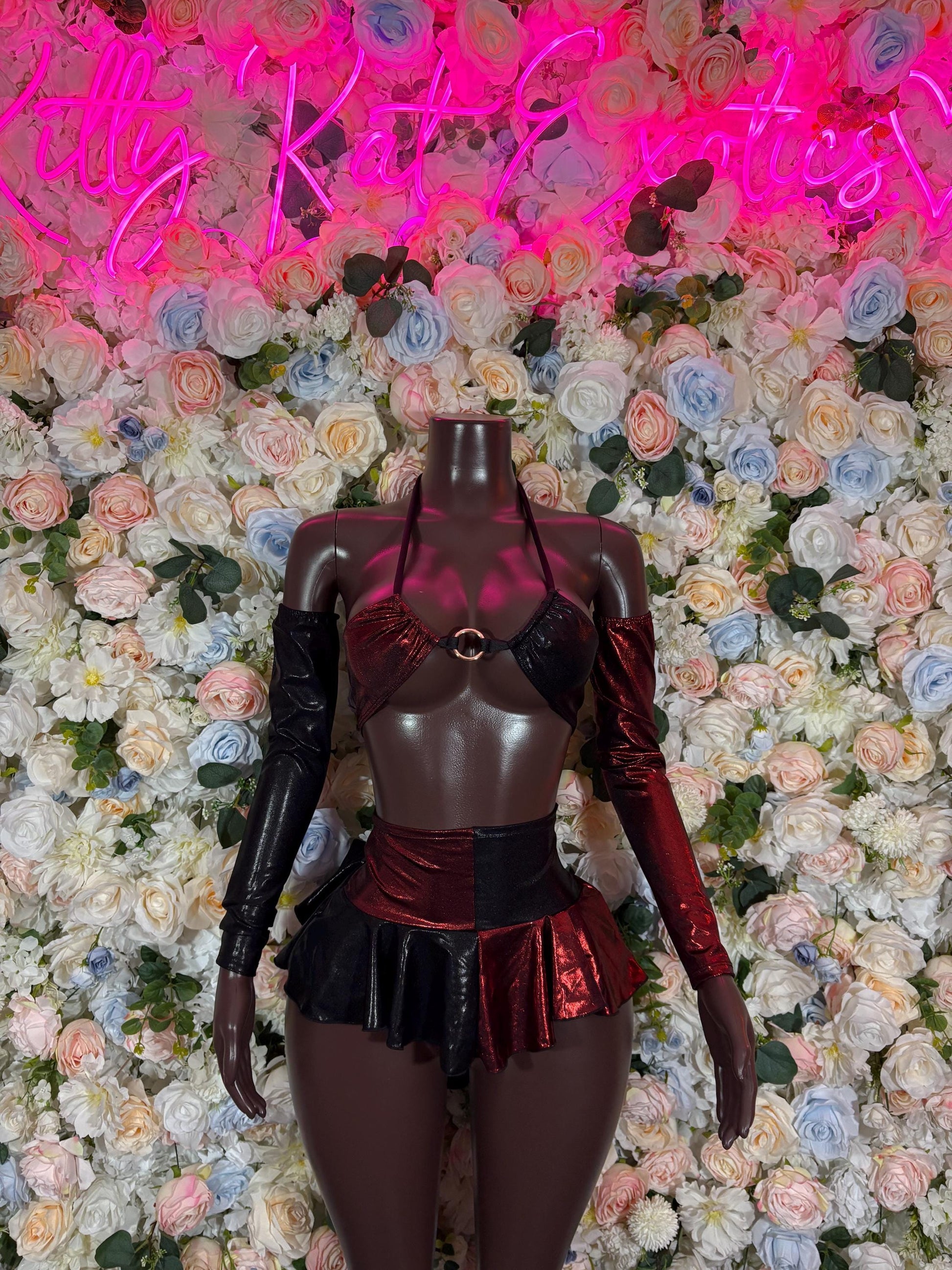 Rave cosplay skirt set with maroon corset-style top, pleated mini skirt, long gloves