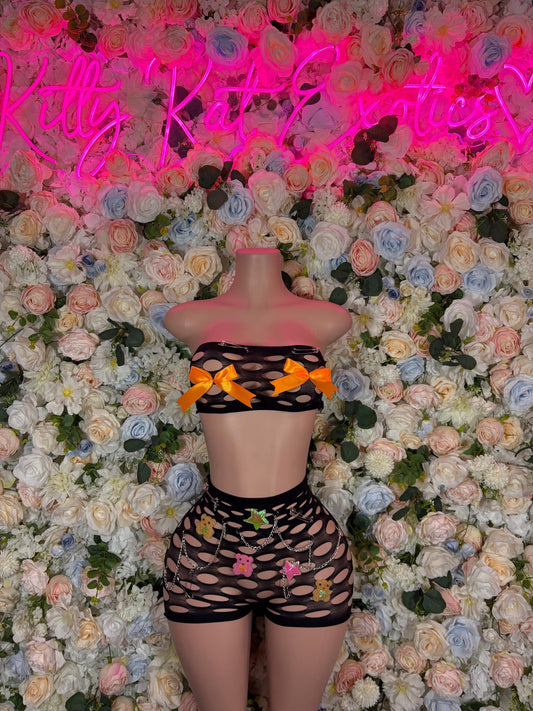 Festival Clothing Two Piece Fishnet Pink Bodysuit Dancewear