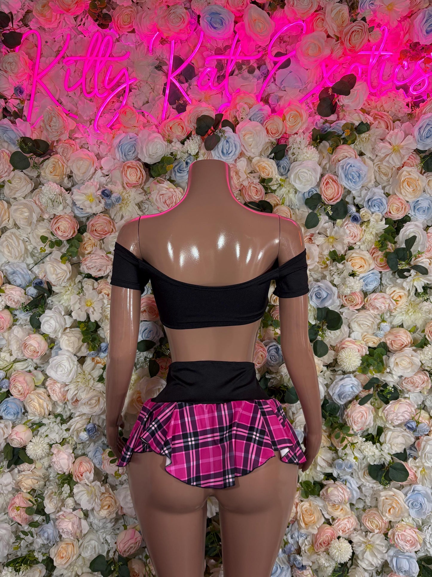 School girl Exotic Dancewear Pink Womens Two-Piece Plaid Skirt Set