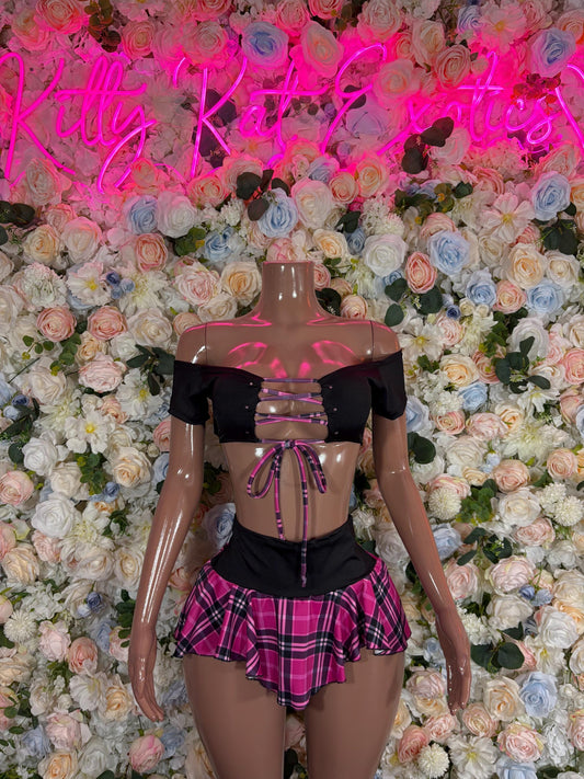 School girl Exotic Dancewear Pink Womens Two-Piece Plaid Skirt Set