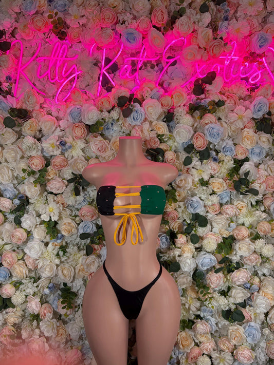 Jamaica Flag Two-Piece Bikini  Carnival Festival Outfit, Beachwear Swimsuit, Rave & Dancewear Costume