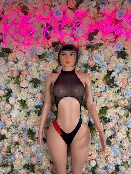 Bottlegirl Bodysuit One Piece Black Red Rose  Bodysuit  Exotic Dancewear for Performers, Raves, or Night Out | Sexy and Flattering Style