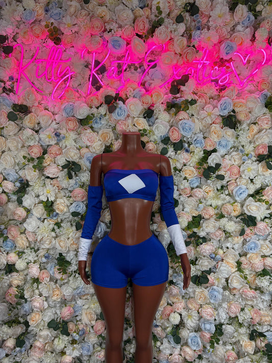 Halloween Costume Power Ranger Two Piece Blue With Sleeves for Women, Bottlegirl Bartender Outfit, Cosplay