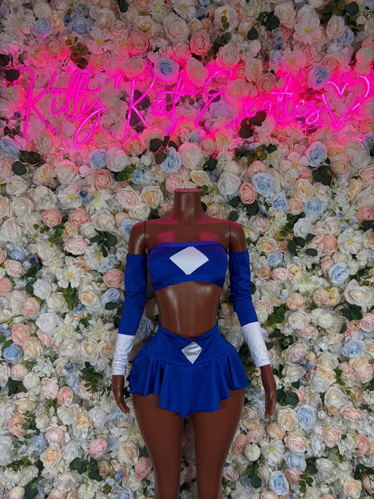 Halloween Costume Power Ranger Two Piece Blue With Sleeves for Women, Bottlegirl Bartender Outfit, Cosplay