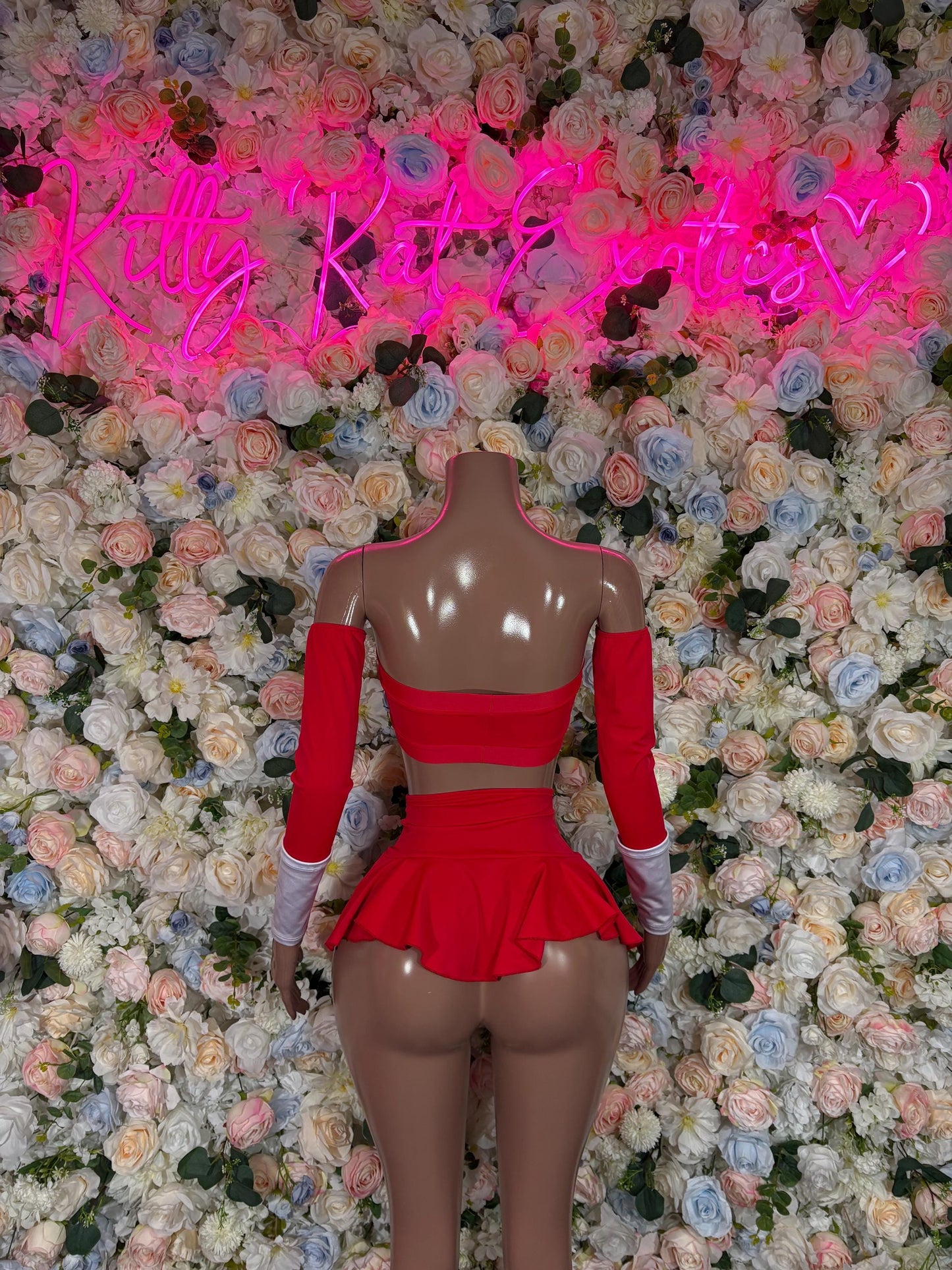 Halloween Costume Power Ranger Two Piece Red With Sleeves for Women, Bottlegirl Bartender Outfit, Cosplay