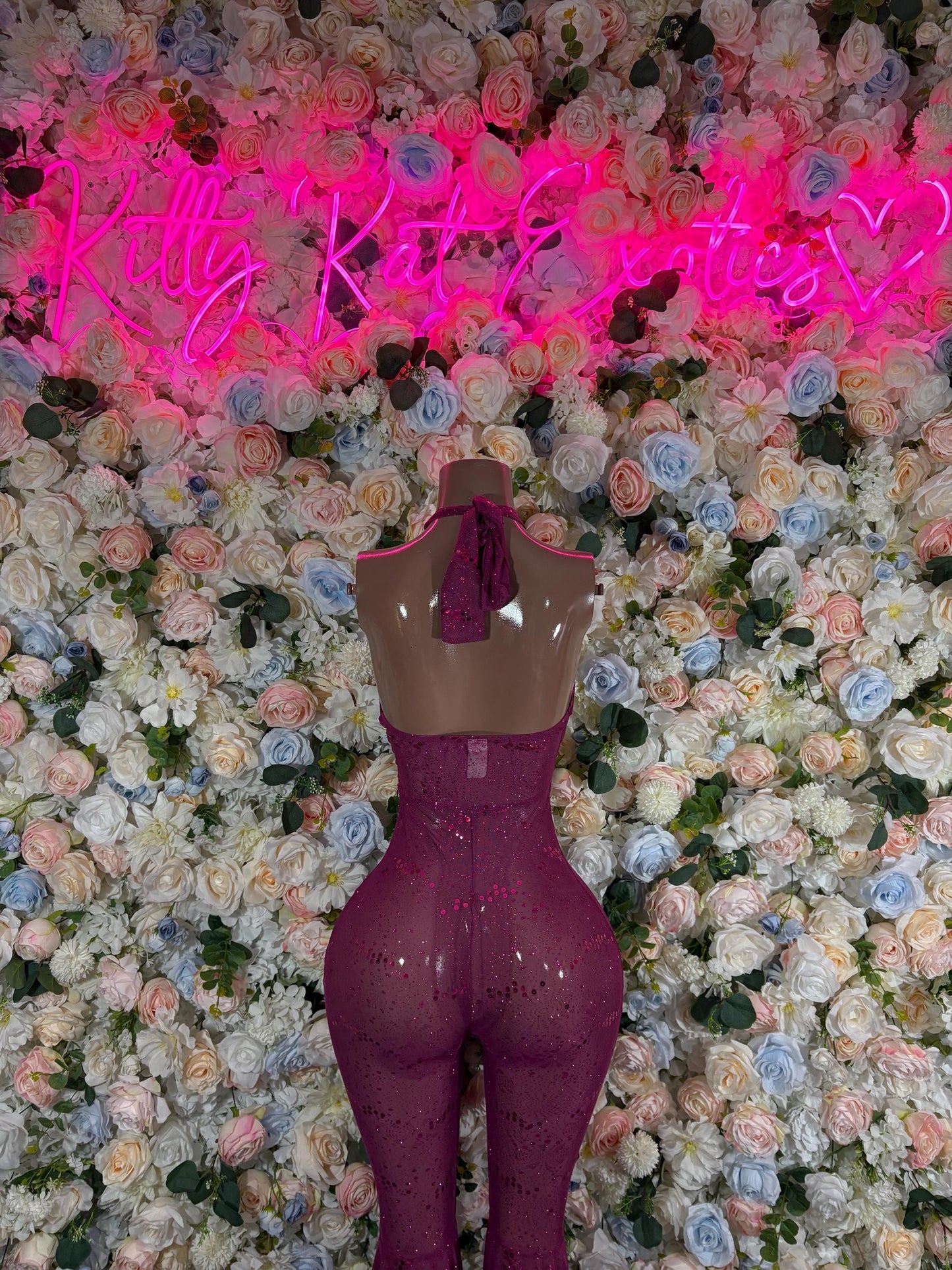 Purple sequin halter bodysuit, open back with side cutouts