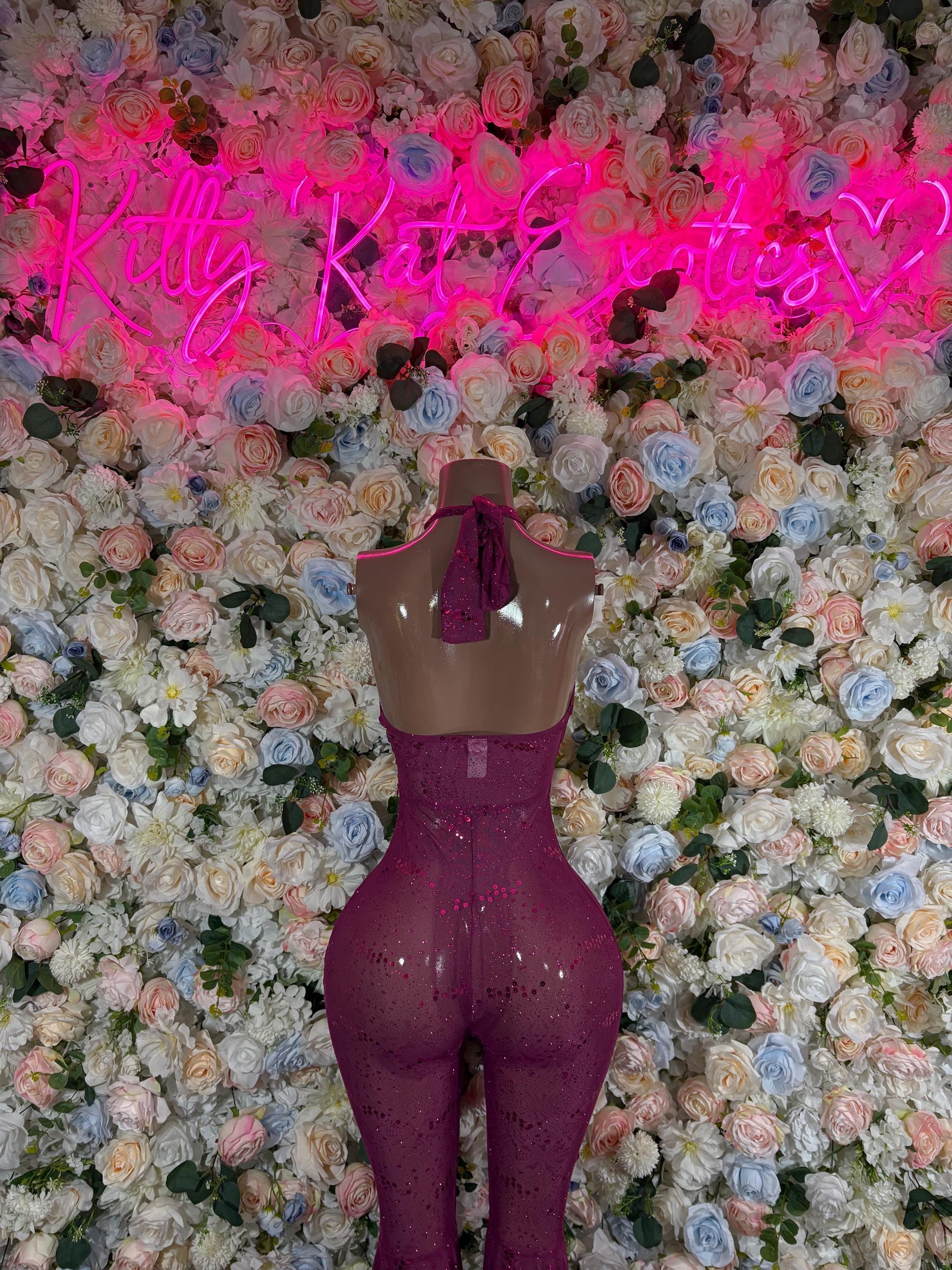Purple sequin halter bodysuit, open back with side cutouts