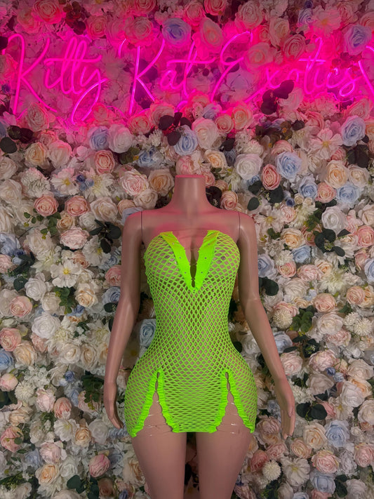 Neon Green Fishnet Bodysuit: Rave Outfit, Exotic Dancewear