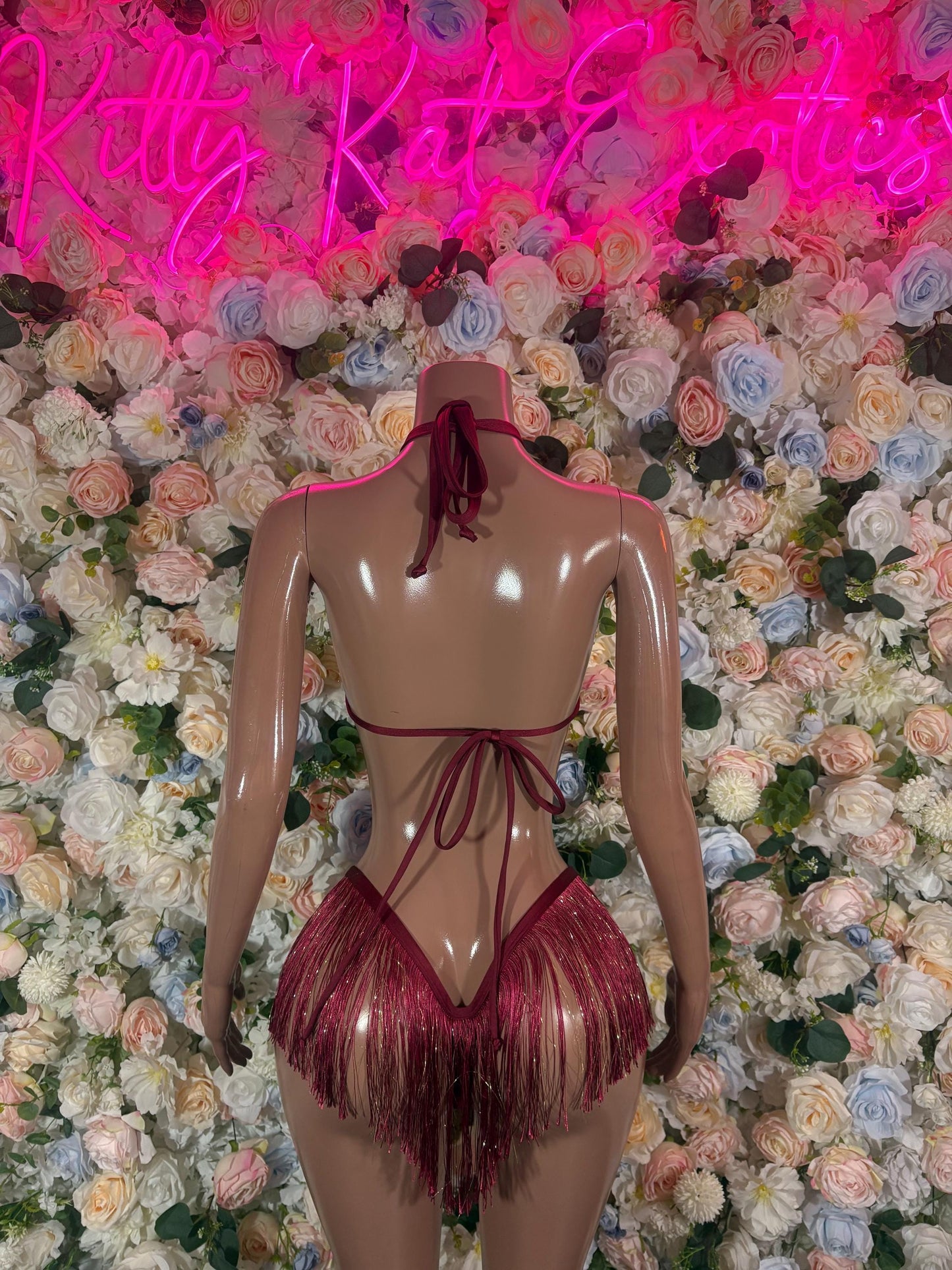 Festival Clothing Two Piece Burgundy  Fringe Dancewear Ravewear Exoticwear