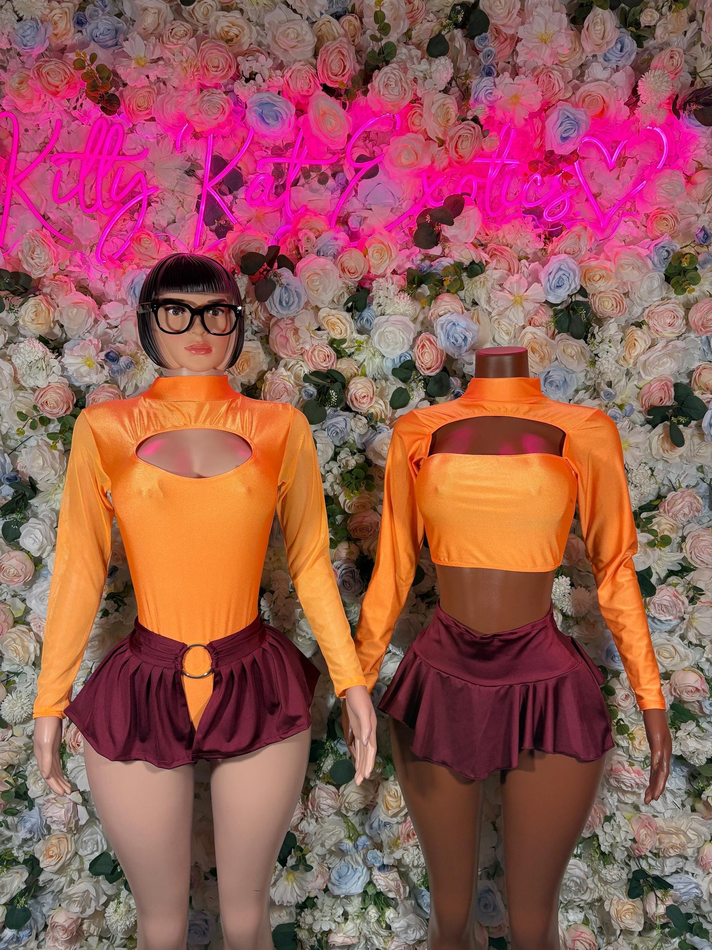 Women’s cartoon costume: orange cutout top, burgundy skirt, black glasses (two outfits)