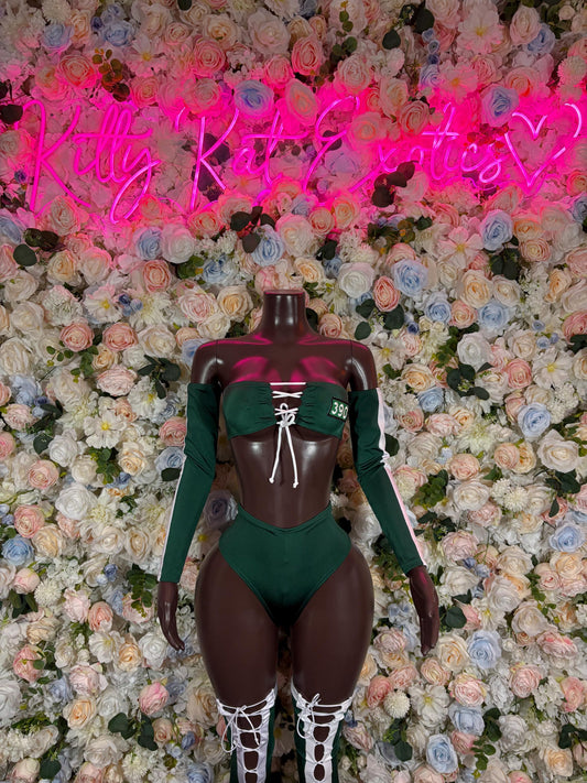 Sexy Adult Green Tracksuit Cosplay Costume | Numbered Player Outfit for Halloween | Group Party Game-Inspired Attire