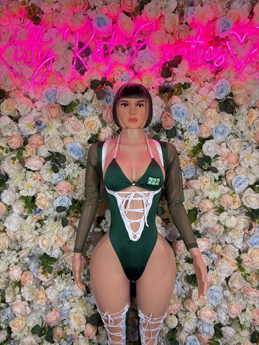 Halloween Sexy Adult Green Tracksuit Cosplay Costume | Numbered Player Outfit for Halloween | Group Party Game-Inspired Attire