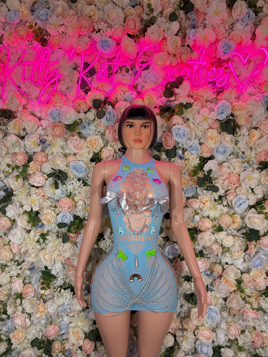 Rave Outfits One Piece Fishnet Blue Bodysuit Dancewear