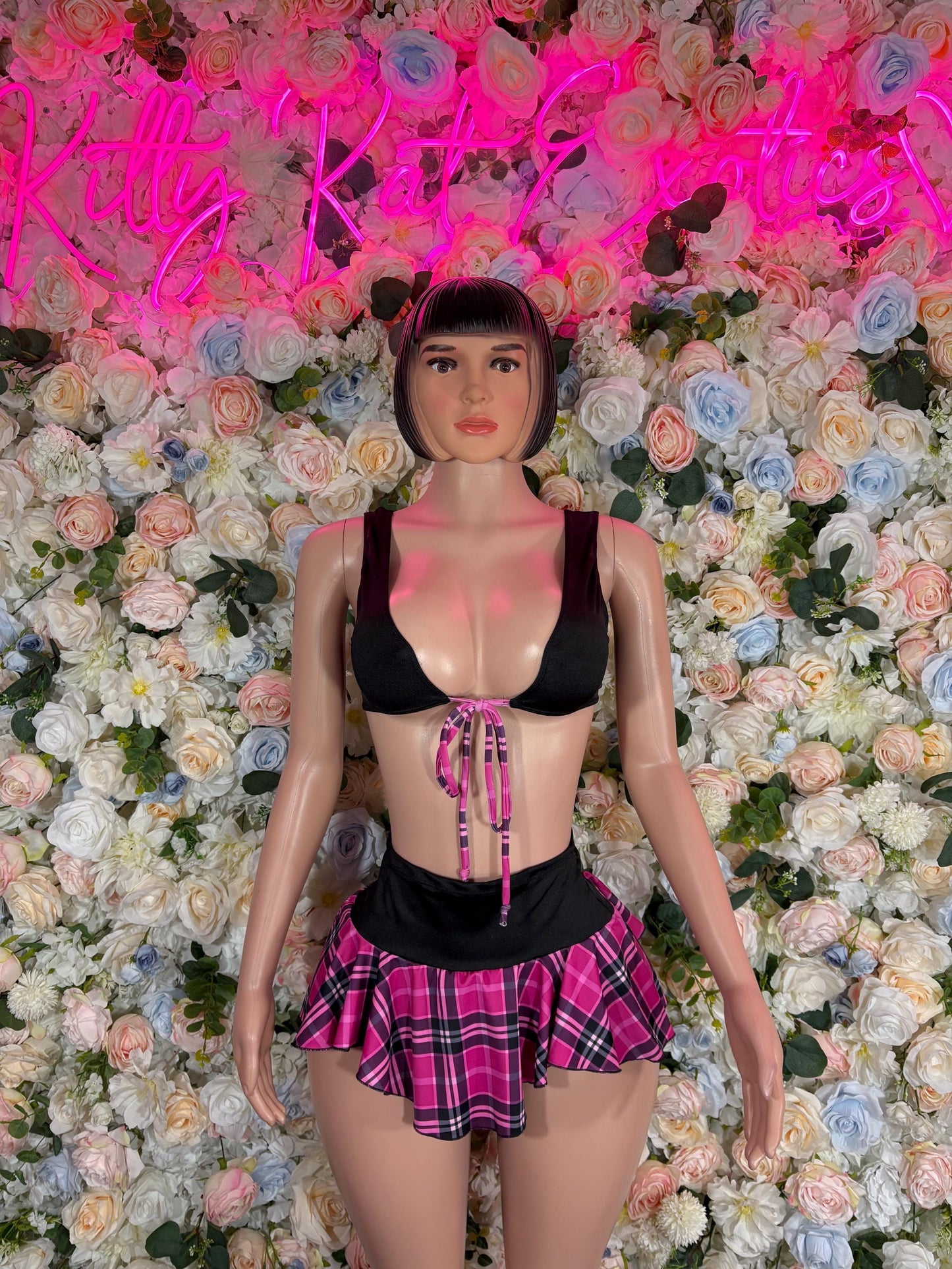 Schoolgirl Exotic Dancewear Pink  Womens Two-Piece Plaid Skirt Set