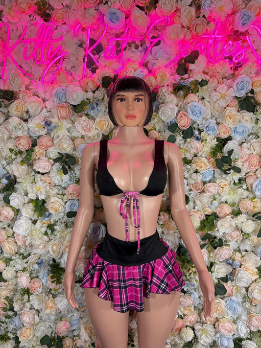 Schoolgirl Exotic Dancewear Pink  Womens Two-Piece Plaid Skirt Set