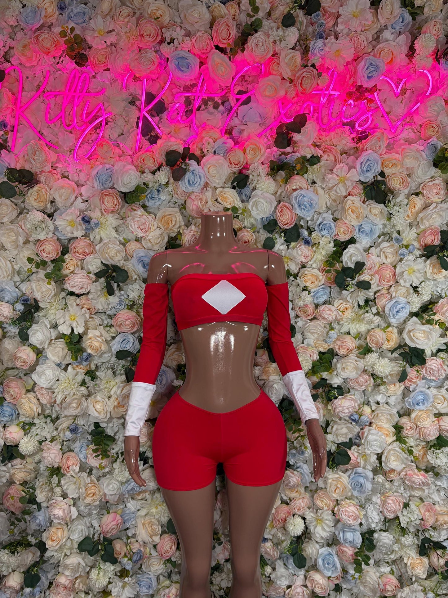 Halloween Costume Power Ranger Two Piece Red With Sleeves for Women, Bottlegirl Bartender Outfit, Cosplay