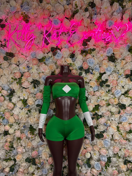 Halloween Costume Power Ranger Two Piece Green With Sleeves for Women, Bottlegirl Bartender Outfit, Cosplay