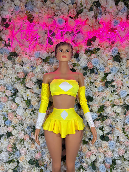 Halloween Costume Power Ranger Two Piece Yellow With Sleeves for Women, Bottlegirl Bartender Outfit, Cosplay