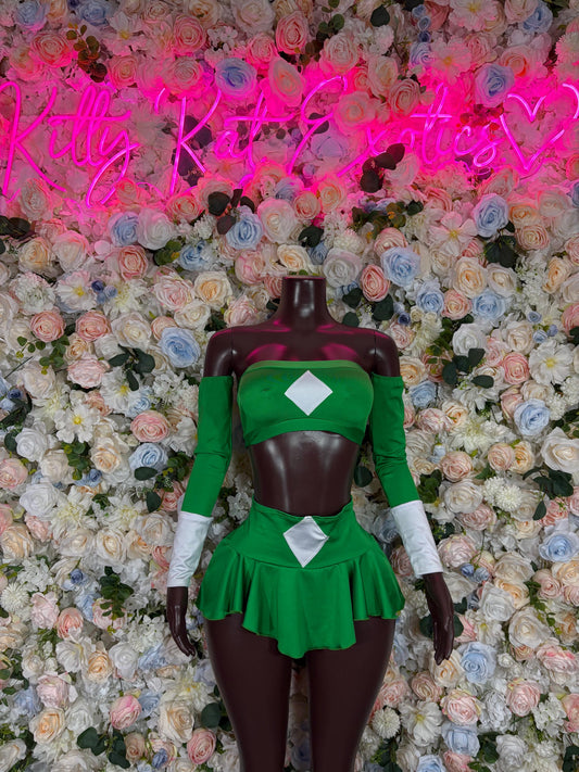Halloween Costume Power Ranger Two Piece Green With Sleeves for Women, Bottlegirl Bartender Outfit, Cosplay