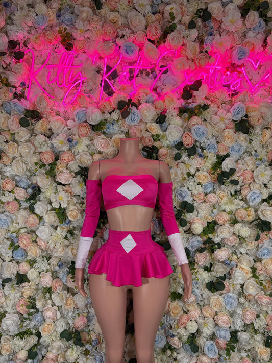 Halloween Costume Power Ranger Two Piece Pink With Sleeves for Women, Bottlegirl Bartender Outfit, Cosplay