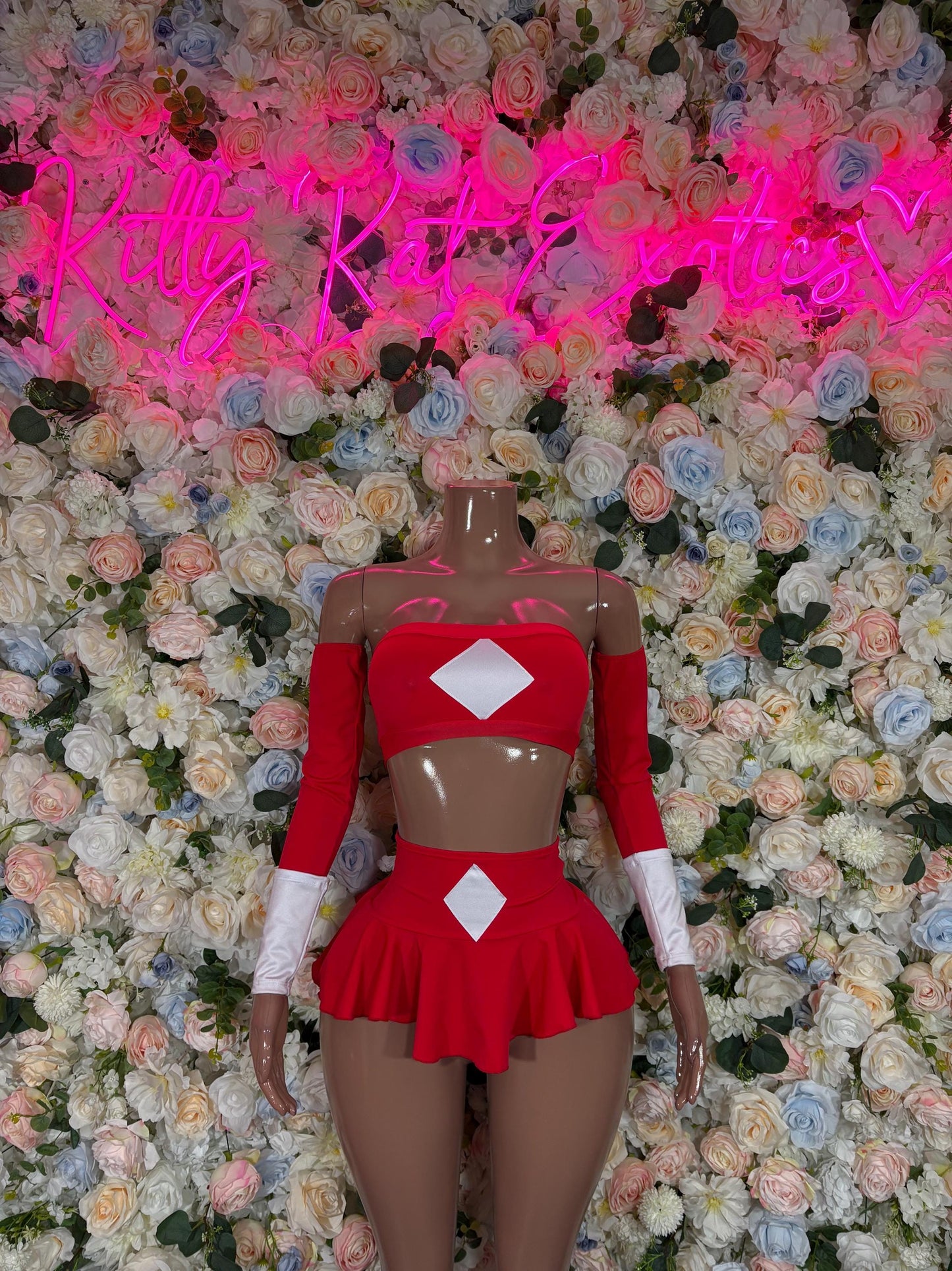 Halloween Costume Power Ranger Two Piece Red With Sleeves for Women, Bottlegirl Bartender Outfit, Cosplay