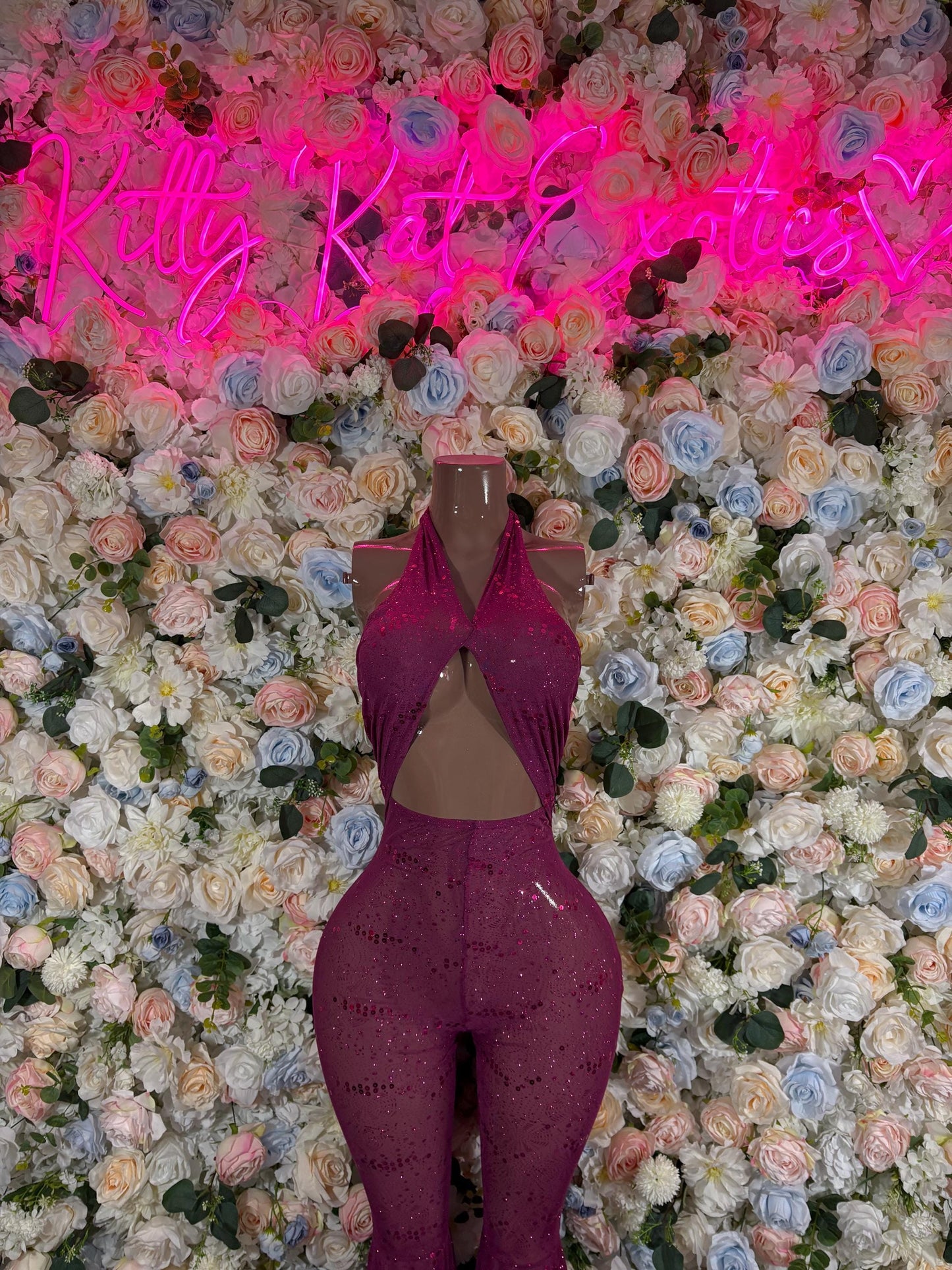 Purple sequin halter bodysuit with cutout waist, fitted jumpsuit look