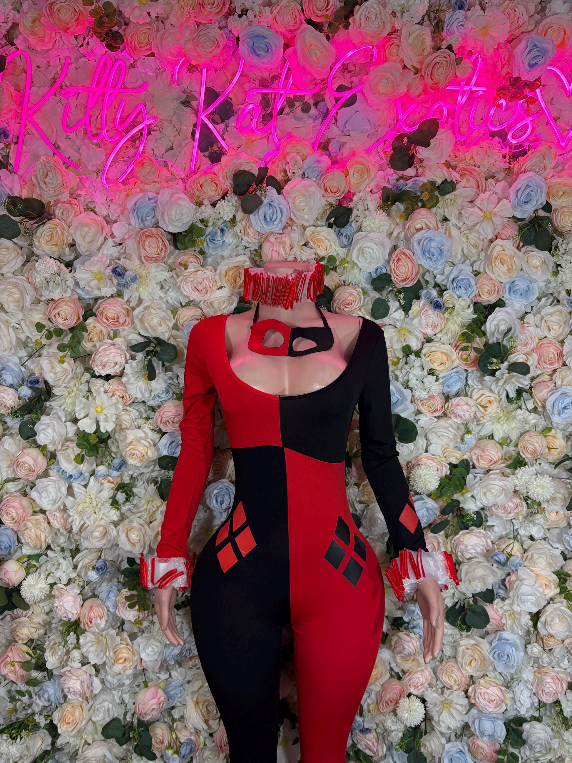Women’s harlequin-style costume, sleeved red and black fitted bodysuit dress with collar