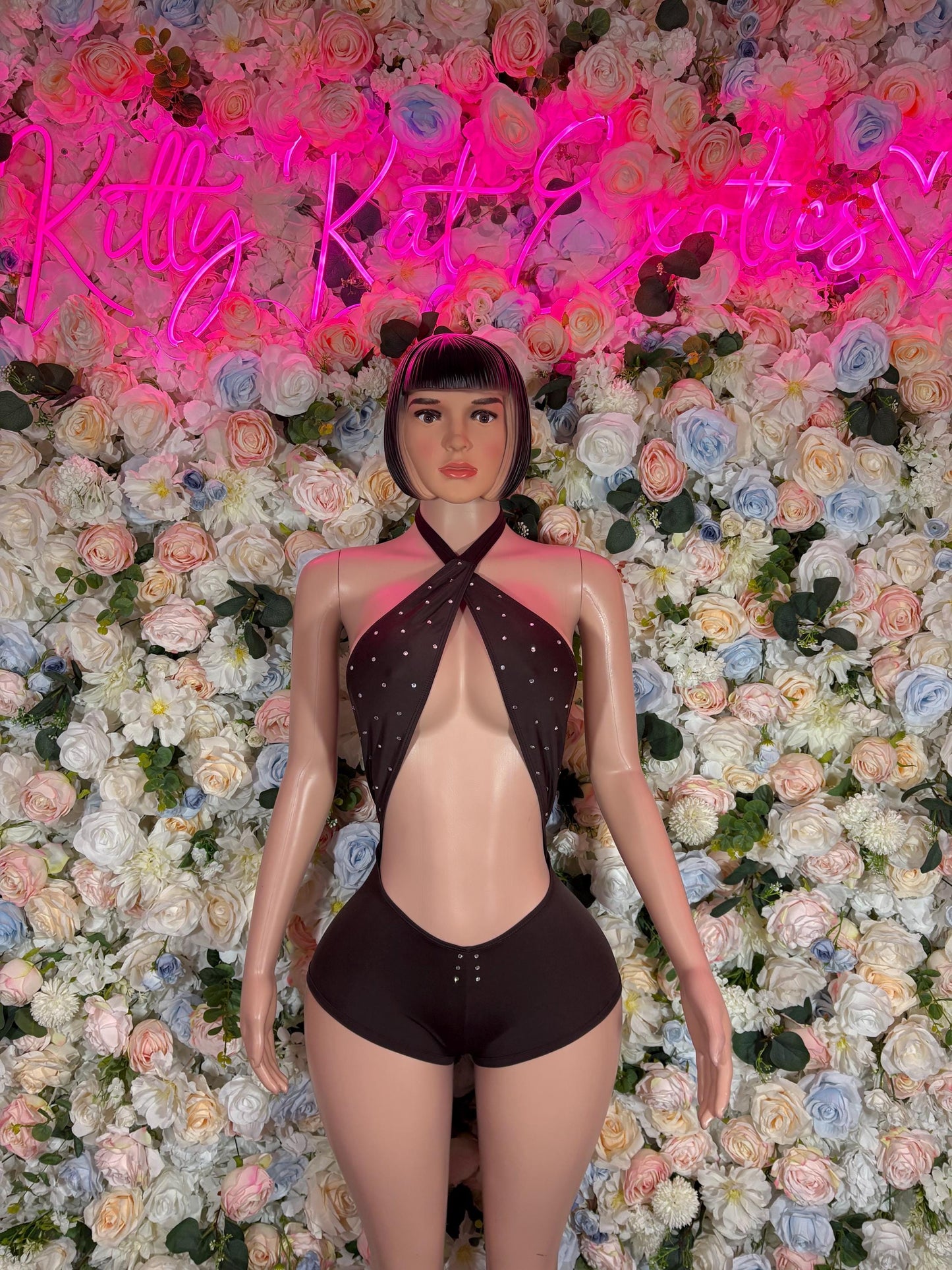 Brown Cross Neck Bodysuit: Exotic Dancewear Rave Outfit