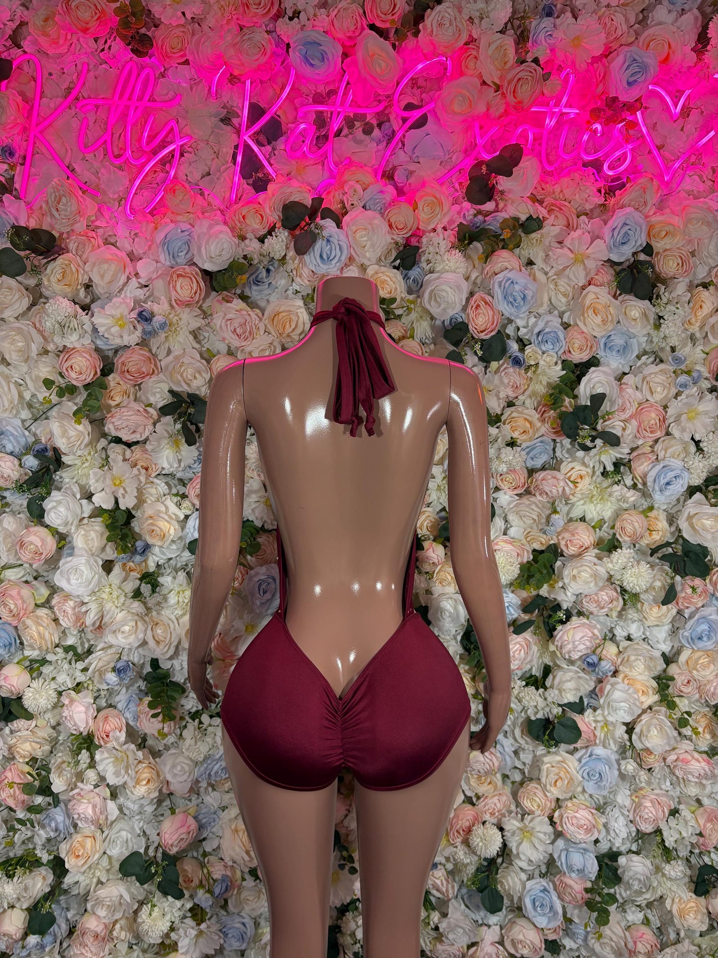 Burgundy Cross Neck Bodysuit: Rave Festival Bartender Outfit