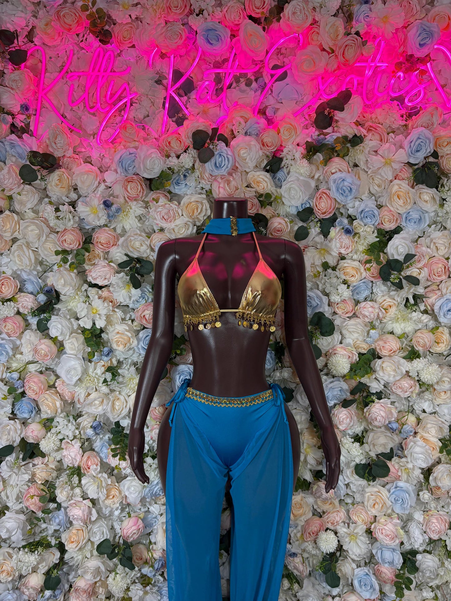 Blue and gold adult cosplay costume with bra top, belt, and long blue pants