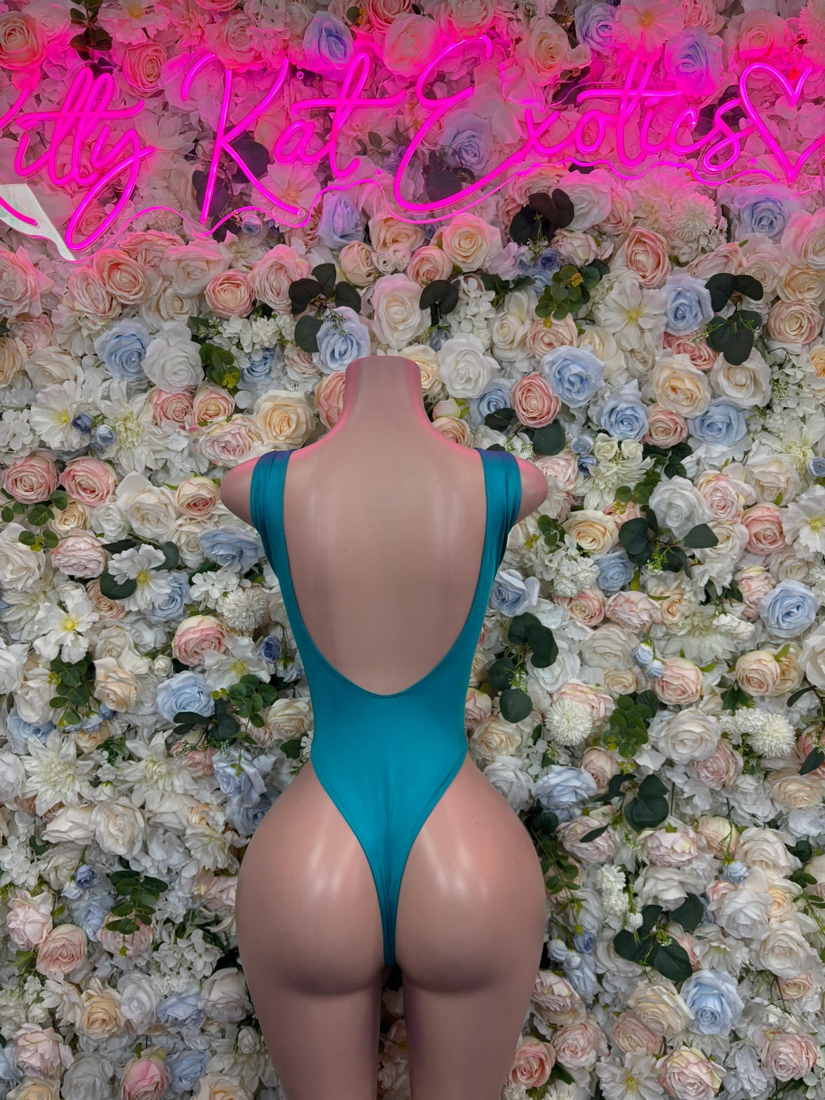Iridescent Teal Cutout Rave Bodysuit back view