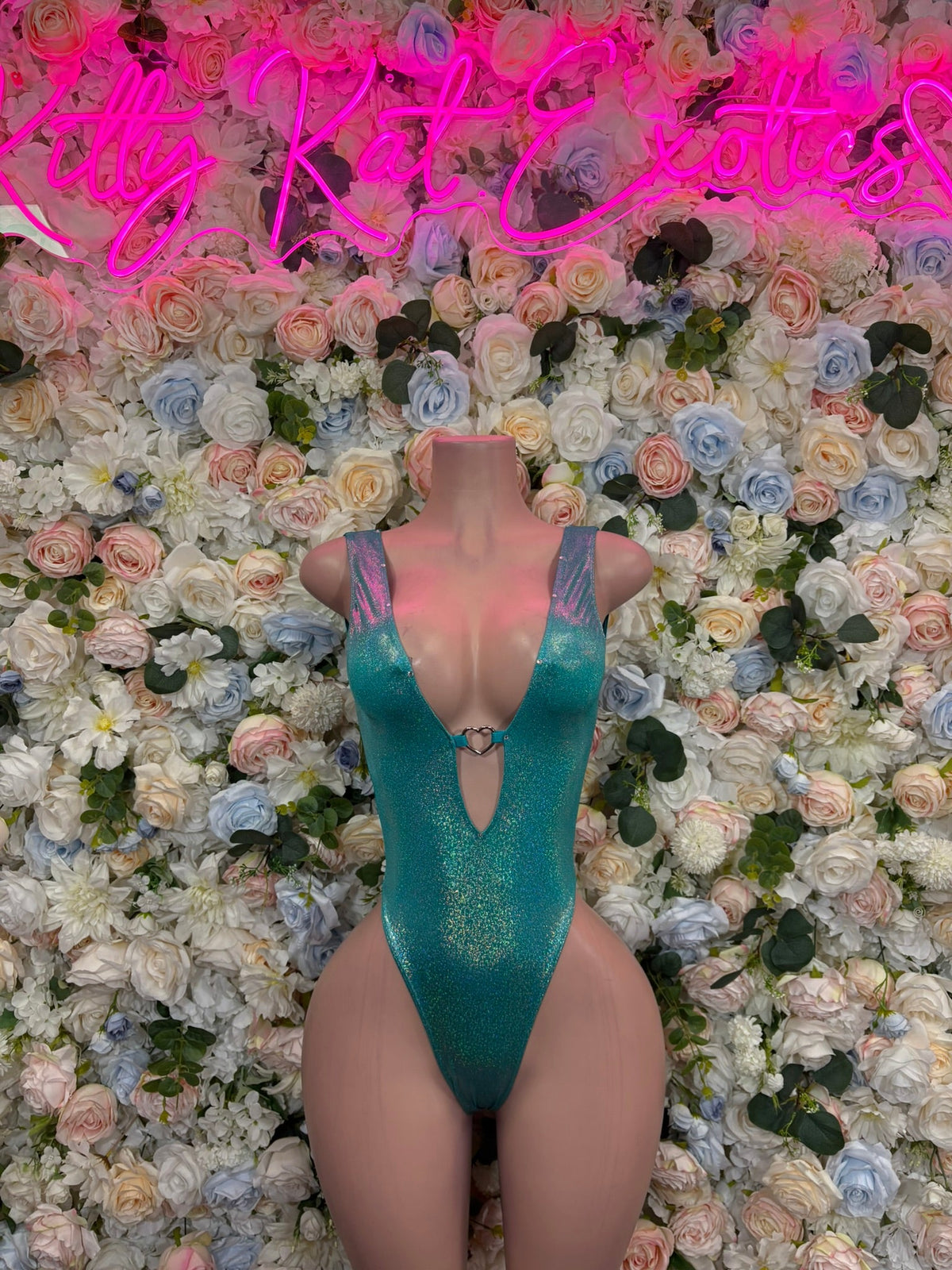 Iridescent Teal Cutout Rave Bodysuit front view