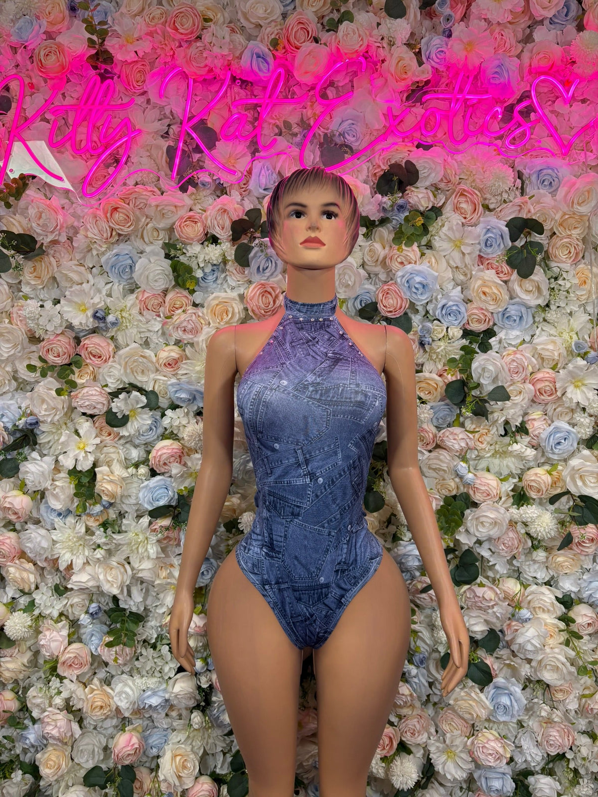 Denim Blue High Neck Cutout Bodysuit front view - KittyKatExotics