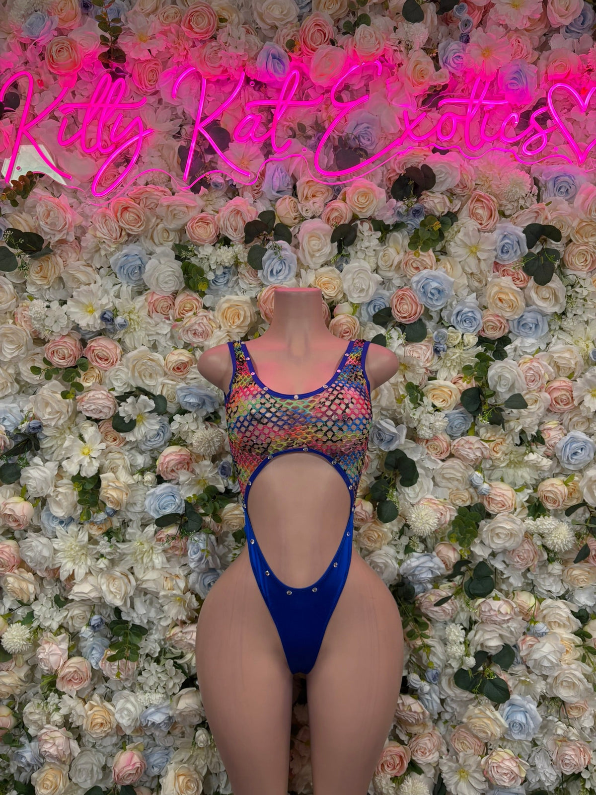 Multicolor Fishnet Blue Cutout Bodysuit front view - KittyKatExotics
