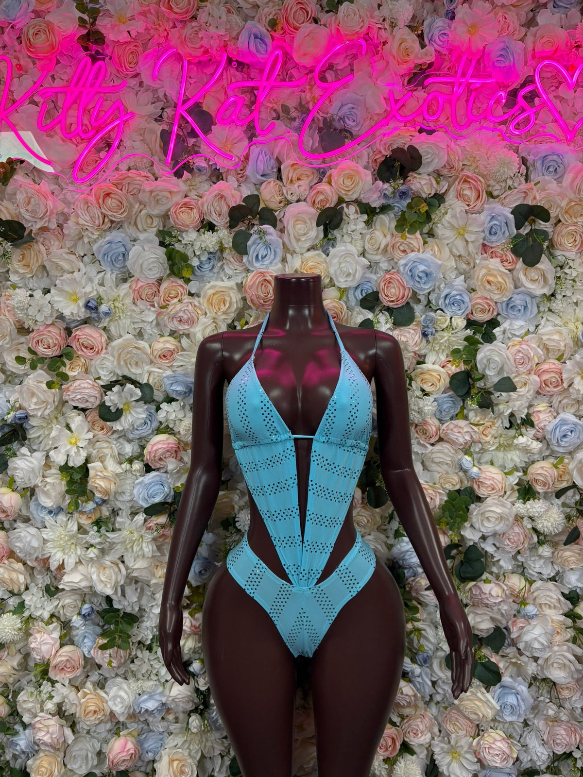 Aqua Holographic Plunge Cutout Bodysuit front view - KittyKatExotics
