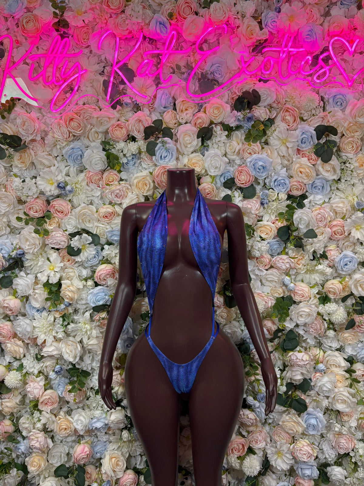 Blue Purple Metallic Plunge Bodysuit front view - KittyKatExotics