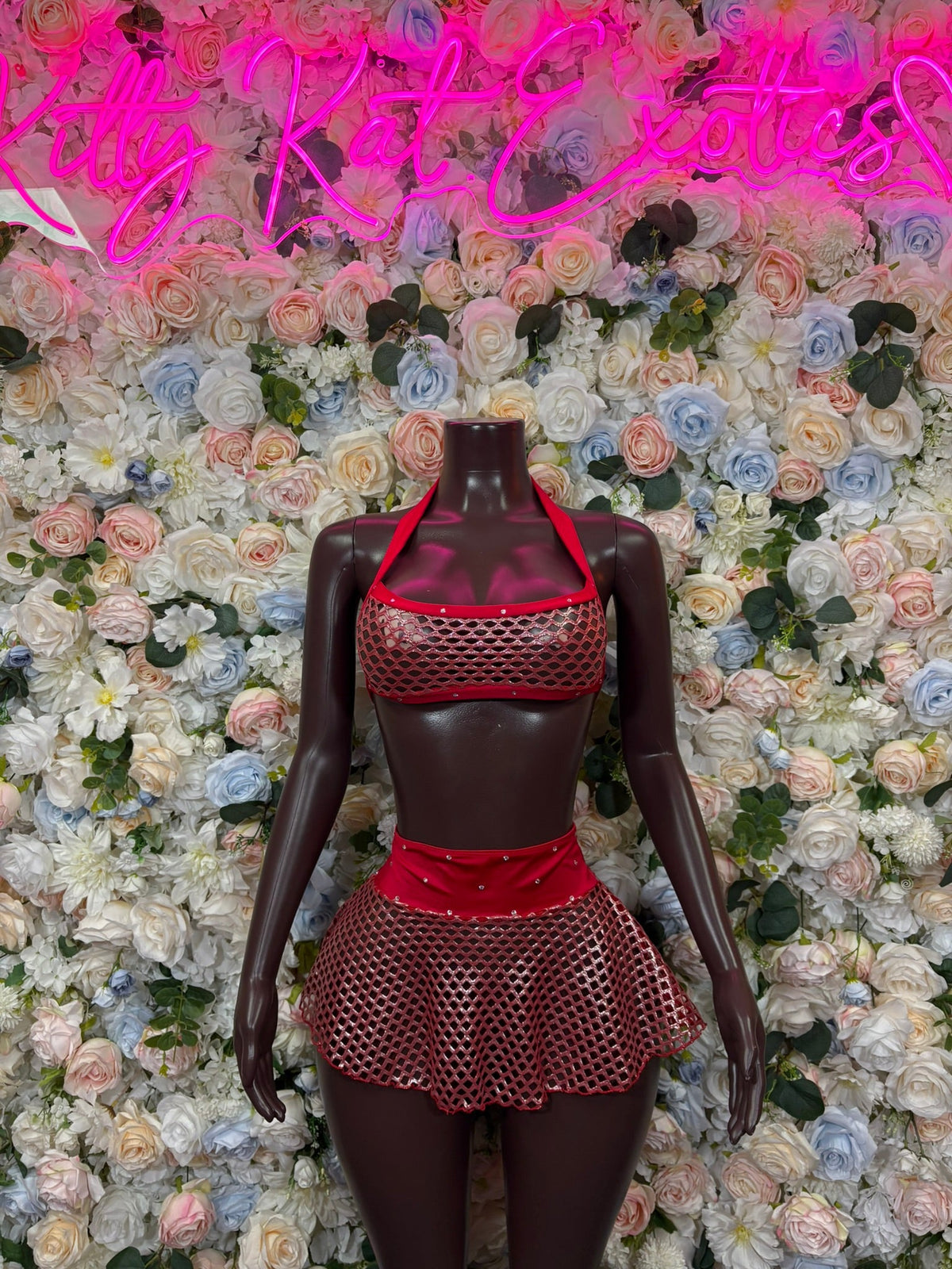 Red Mesh Halter Ruffle Skirt Two Piece Set front view - KittyKatExotics