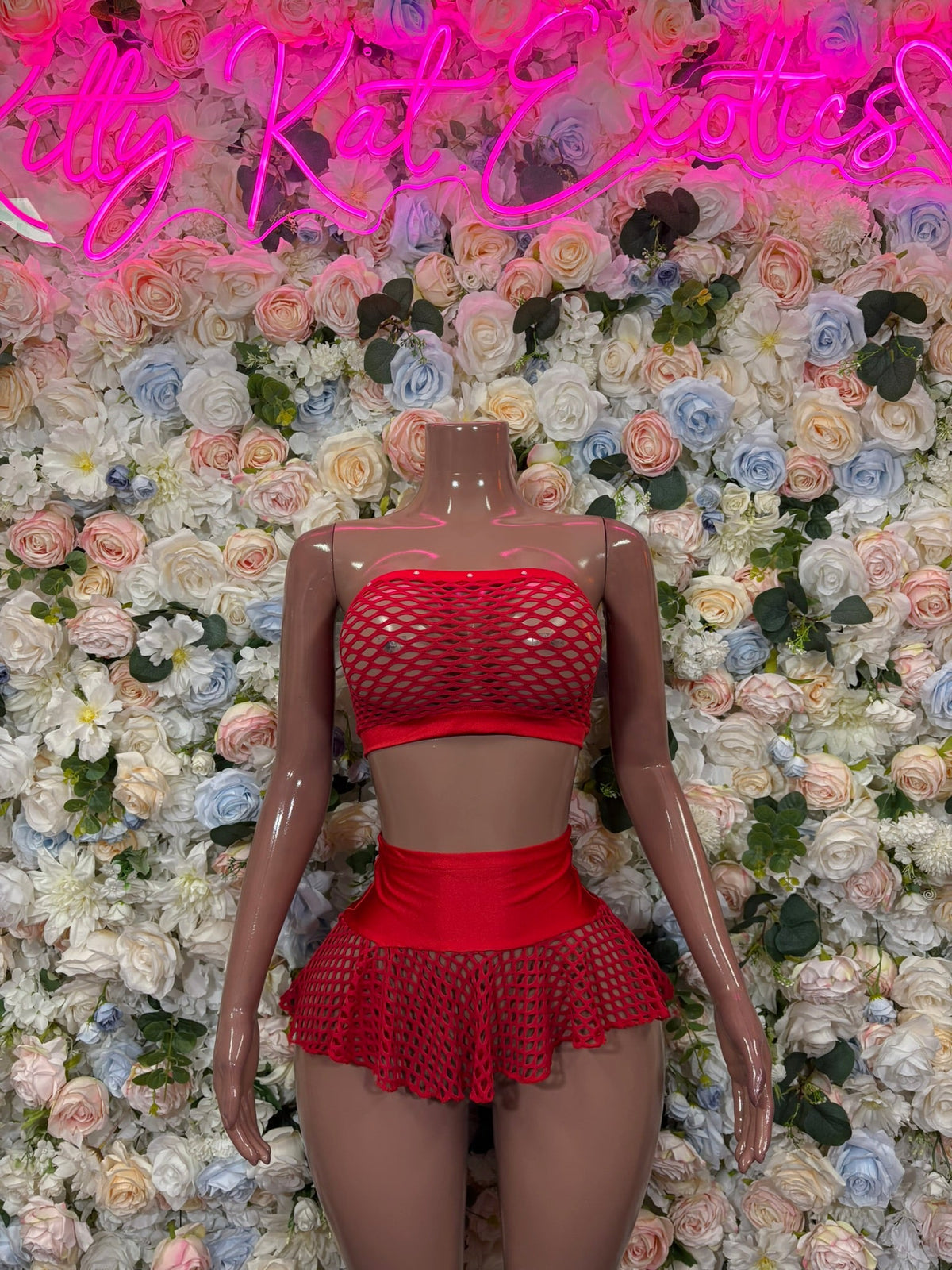 Red Mesh Bandeau Ruffle Skirt Two Piece Set front view - KittyKatExotics