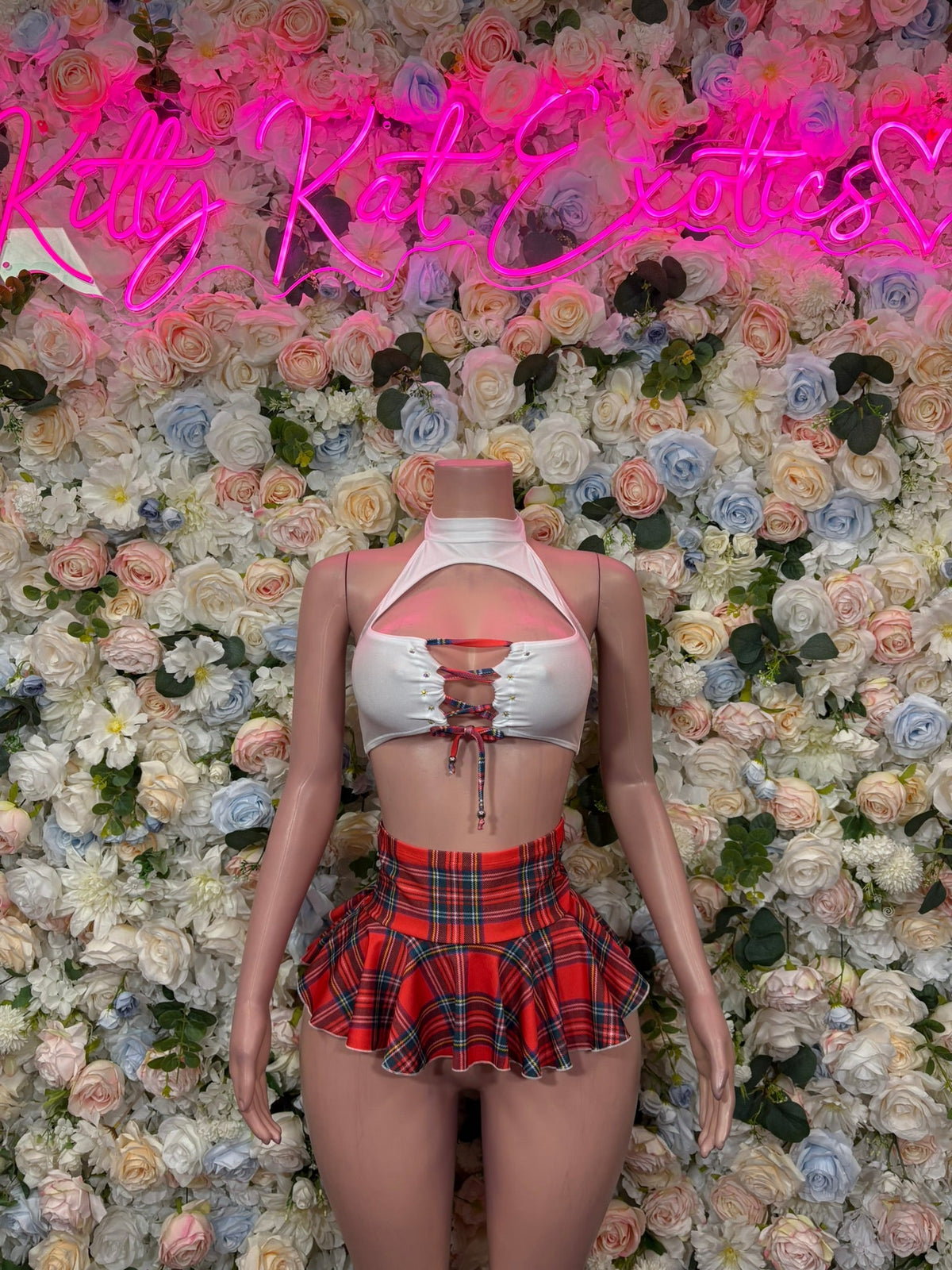 White Lace Up Top Red Plaid Mini Skirt Set front view - KittyKatExotics