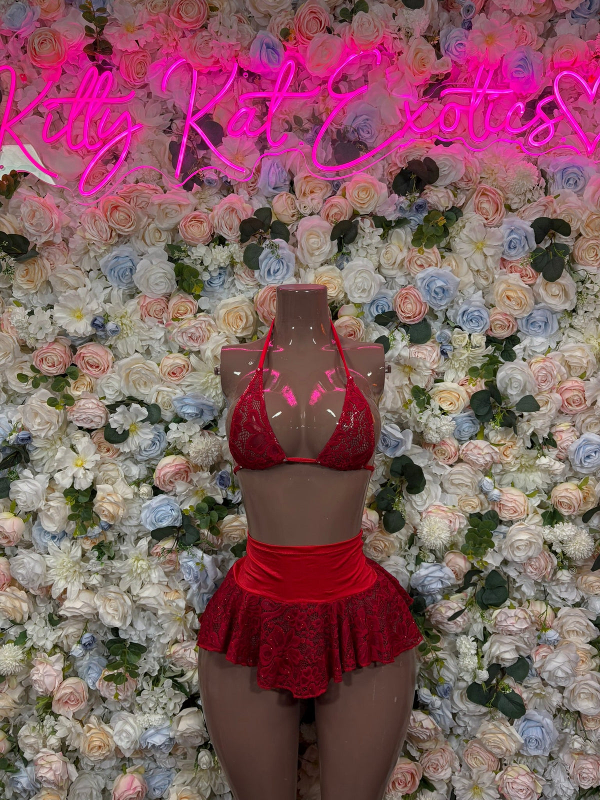Red Rhinestone Halter Mesh Mini Skirt Set front view - KittyKatExotics