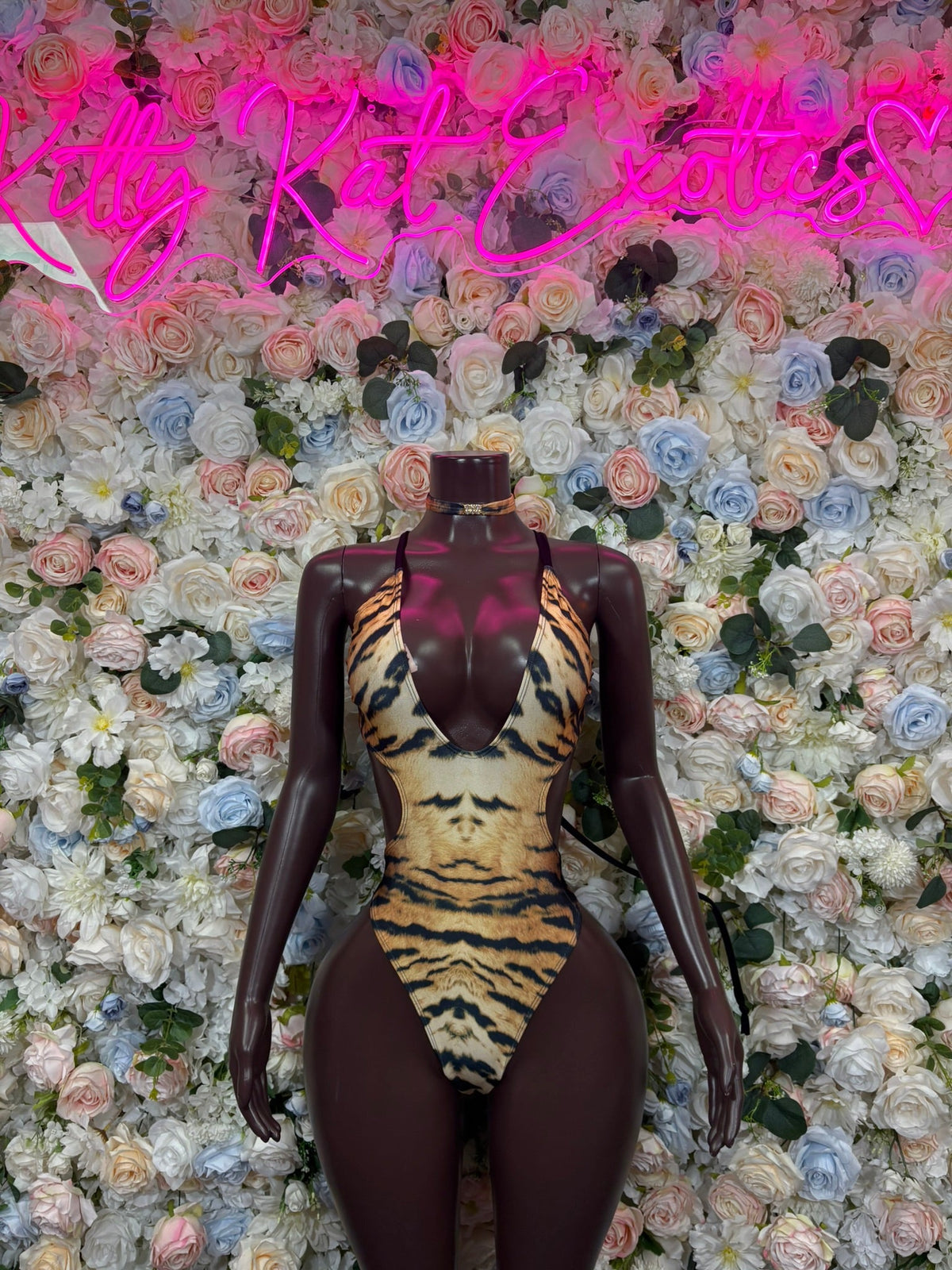 Tiger Print Mesh High Neck Bodysuit front view - KittyKatExotics