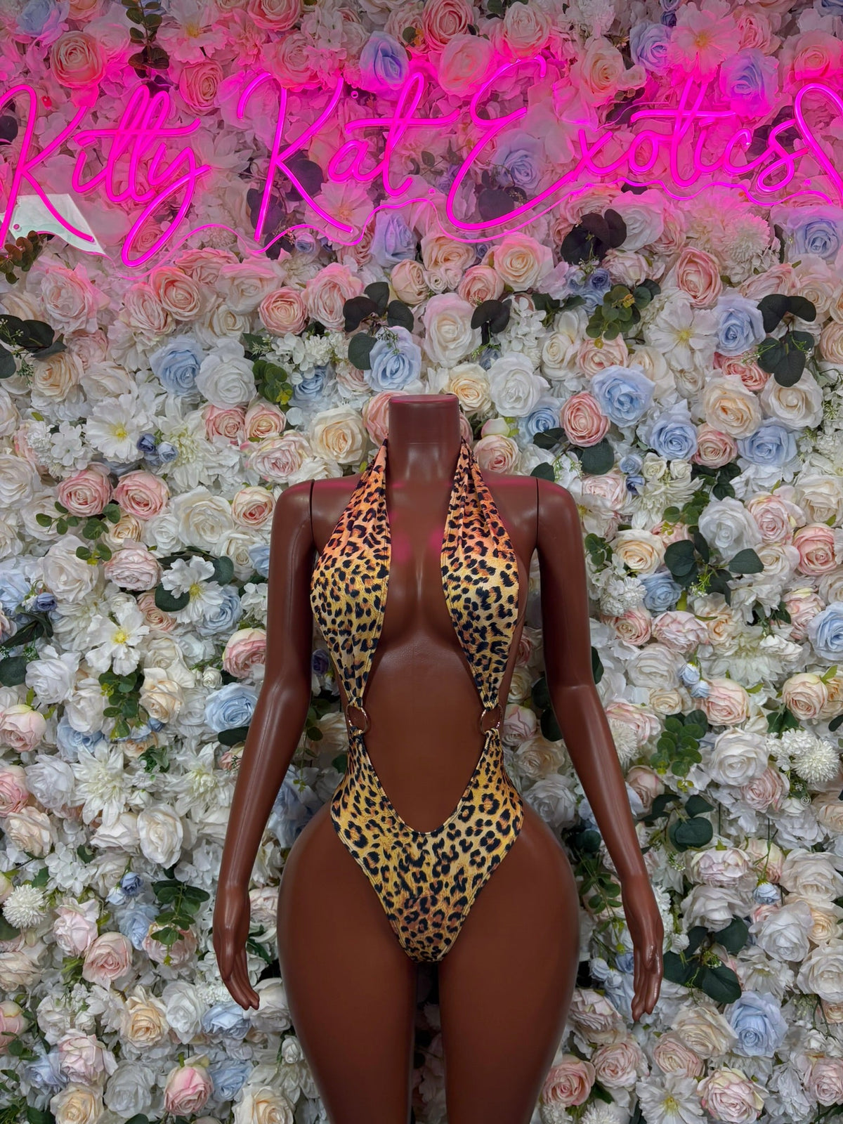 Leopard Print Plunge Halter Bodysuit front view - KittyKatExotics