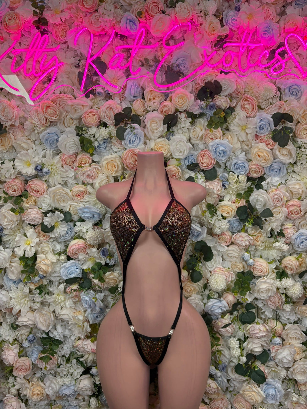 Black Lace Leopard Halter Cutout Bodysuit front view - KittyKatExotics