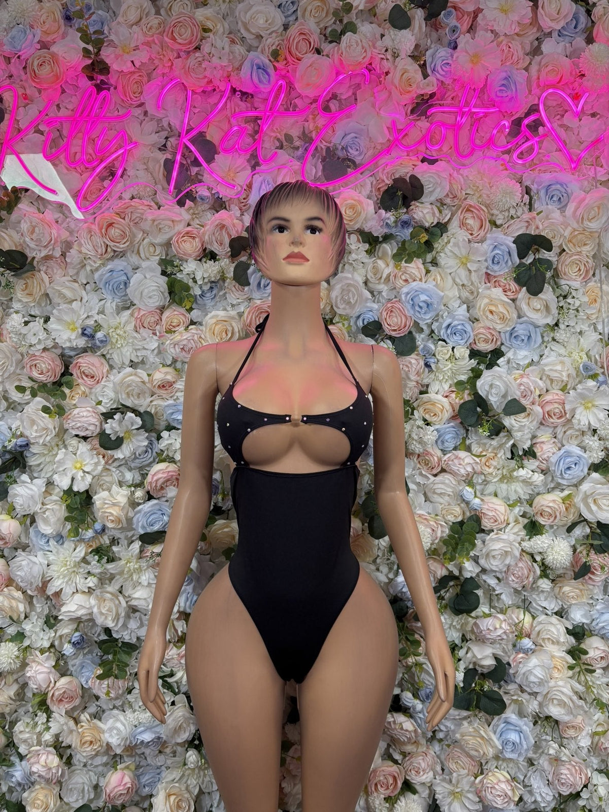 Black halter one-piece bodysuit with cutout under-bust neckline