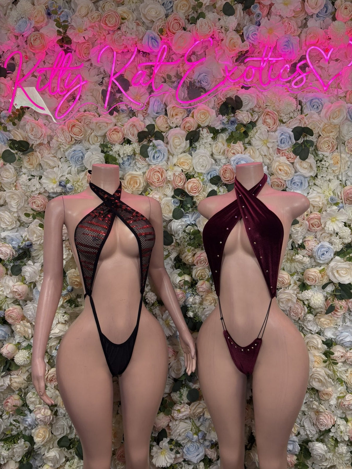 Sheer halter cutout bodysuit, two views: black and dark maroon