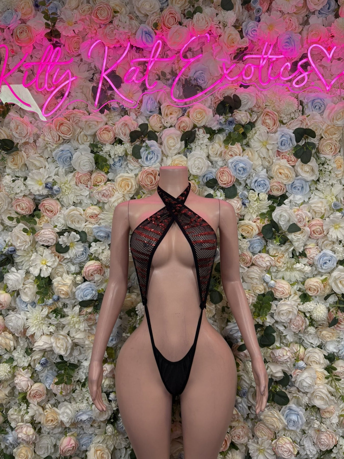 Front sheer halter cutout bodysuit with chest keyhole and thong back