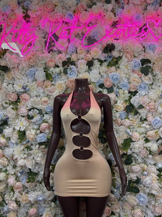 Cream cutout bodycon mini dress with circular cutouts on chest